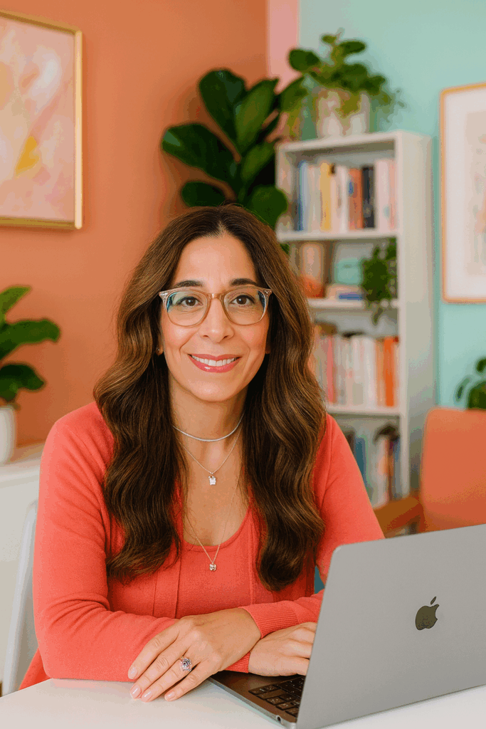 Natalie Anderson sits at a white desk with a MacBook Pro, wearing a coral long-sleeved top and silver necklaces, including one with a small lucky cat charm. She has a pink manicure and an amethyst ring on her left hand, smiling in a bright room with coral and teal walls, bookshelves, art, and plants.