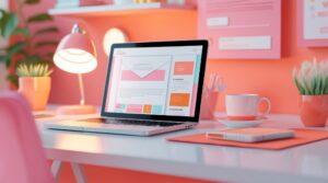 A bright, modern workspace featuring a laptop on a white desk displaying an email marketing design in pink, coral, aqua, and teal tones. The scene includes a matching coral desk lamp, a cup and saucer, plants, and coordinated office accessories that create a cheerful, creative atmosphere.