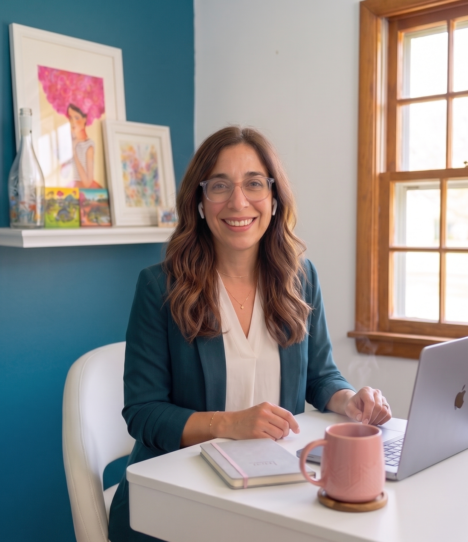 Natalie Anderson, marketing consultant, seated at her desk with a coffee mug and laptop, smiling