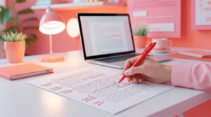 A hand holding a red pen editing a printed page covered in markup notes like 'Awkward phrasing,' 'Source needed,' and 'Good point,' with a laptop open in the background