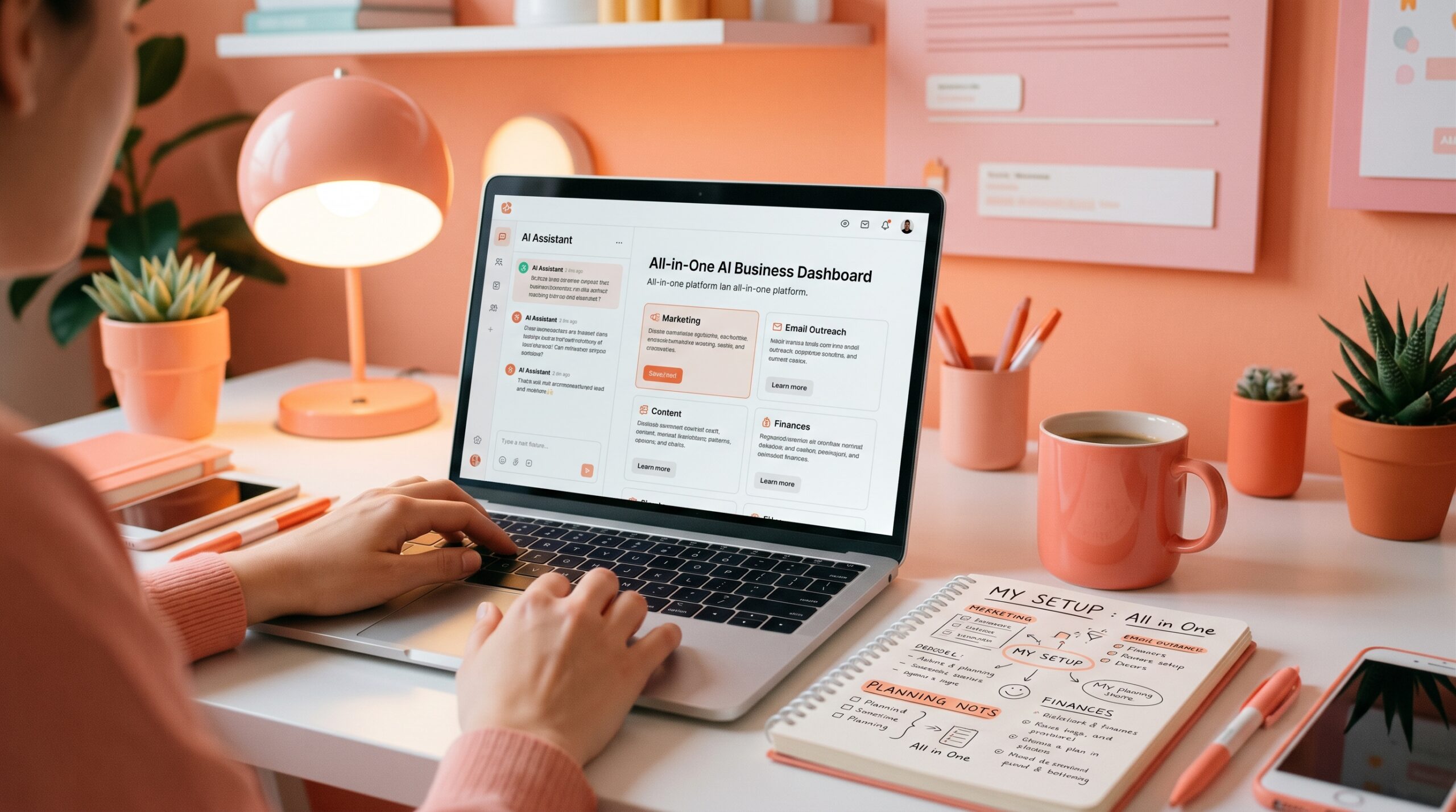 Here is an alt text option for the image: "A bright, coral and pink-themed workspace where a person is typing on a laptop. The laptop screen displays an "All-in-One AI Business Dashboard" featuring modules for marketing, content, and finances. On the desk sits an open notebook with handwritten diagrams titled "My Setup: All in One," alongside a glowing desk lamp, a pink coffee mug, small potted plants, a smartphone, and an orange pen.